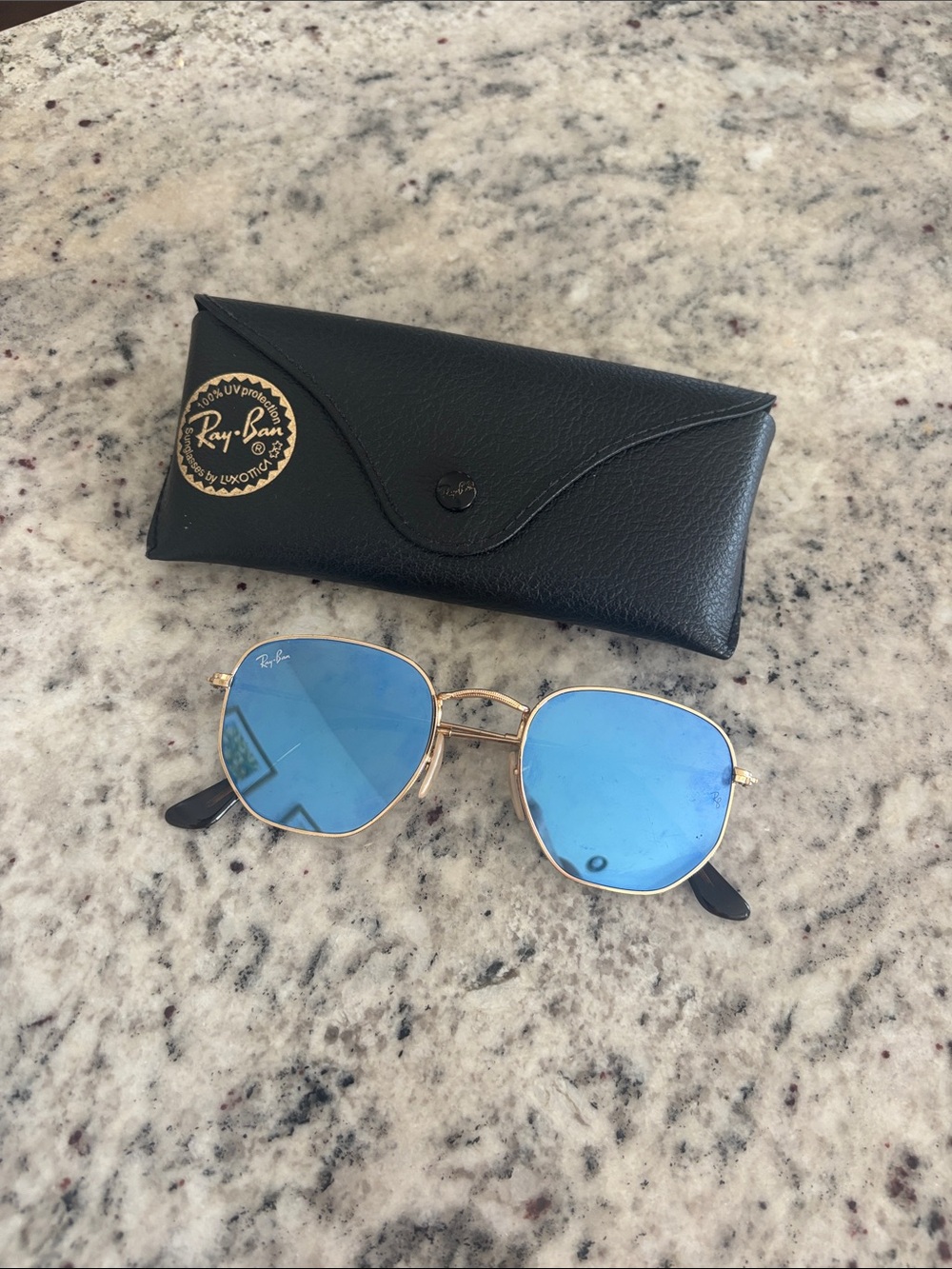 Ray-Ban Women's Gold Frame Blue Lens Sunglasses with Black Temple Tips